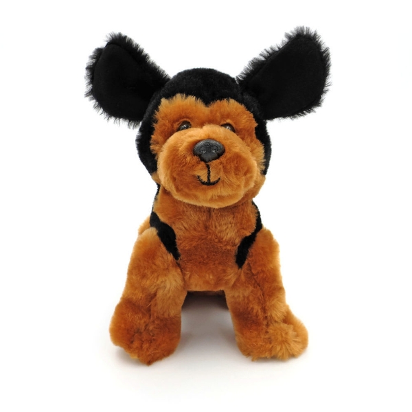Sport plush dog front angle with brown and black coloring.