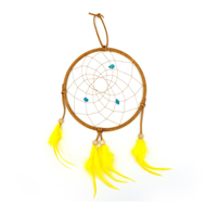 Dreamcatcher with tan frame and yellow feathers.