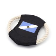 Madison rope dog toy with white rope and black cloth inside with Madison flag in middle. Madison flag is light blue with a white diagonal stripe, and diamond flower in the center.