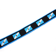 Zoomed in image of the light blue and black leash with the Madison flag icon repeating.