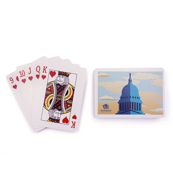 Capitol Playing Cards showing five face cards and then the back of card with Blue capitol and light blue sky with yellow clouds.
