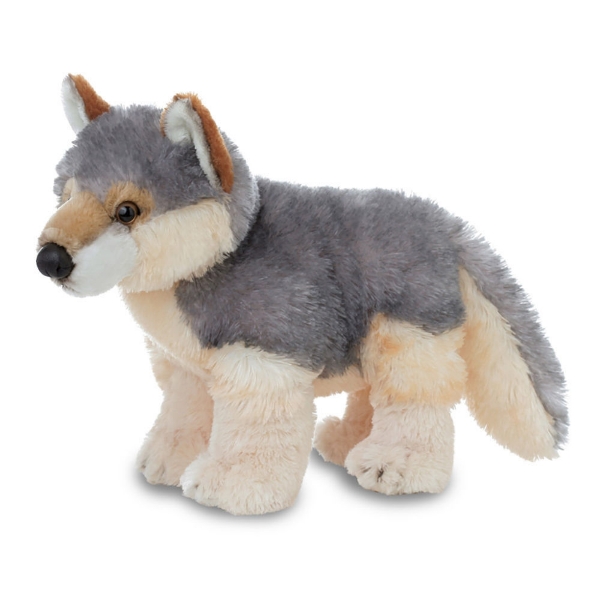 Wolf Stuffed Animal with light tan legs and grey back. Dark tan nose and ears.
