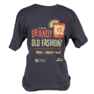 Frontside of a dark gray crew-cut t-shirt with an orange and yellow design and font. A yellow lemon slice sits on the lip of an orange, short cocktail glass with a cherry shaped like Wisconsin. The print says "The Brandy Old Fashioned", underneath: "Sweet Sour or Press", underneath: "Muddle. Garnish. Enjoy."