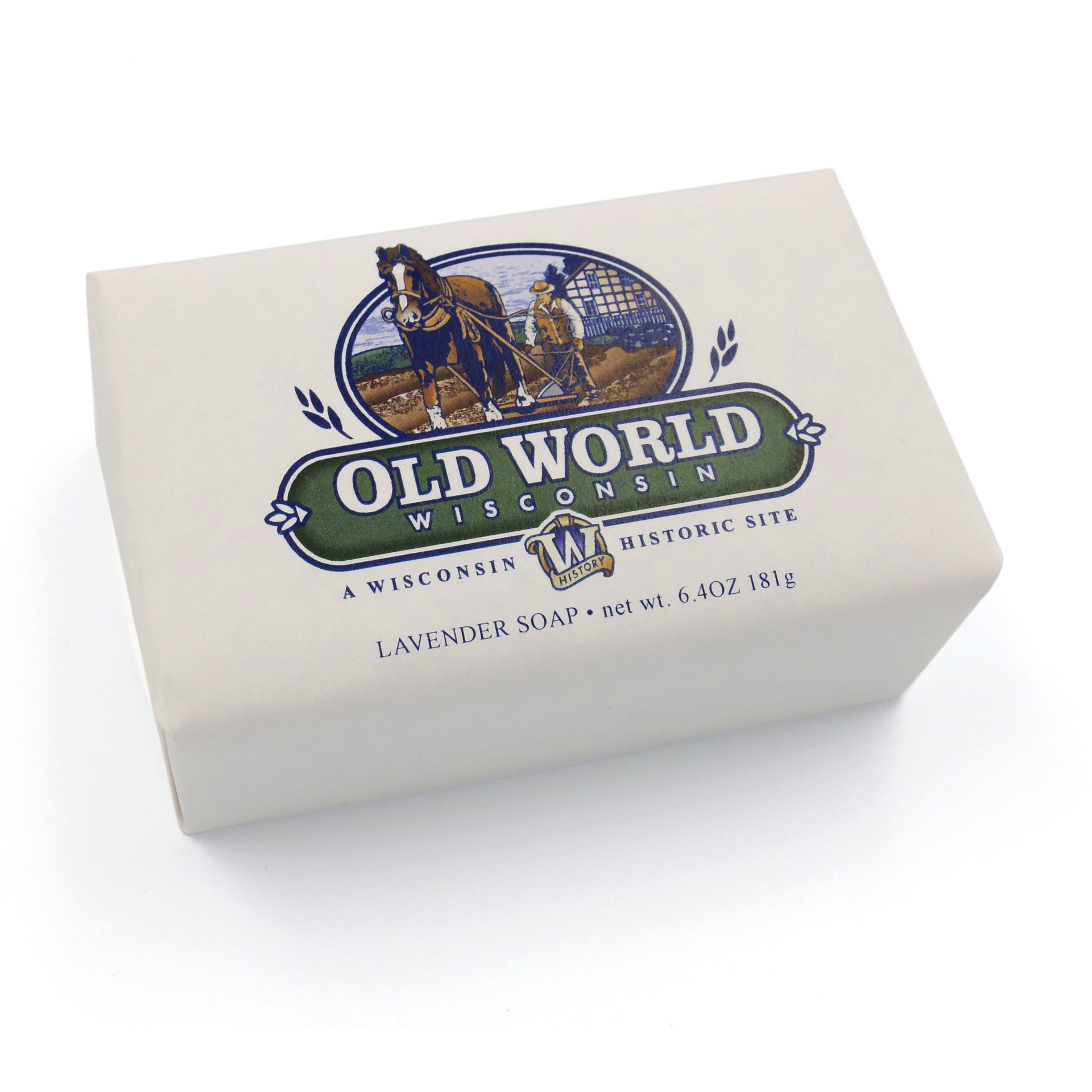 Bar Soap wrapped in a beige paper with the logo for Old World Wisconsin on it