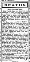 Obituary newspaper clipping for Mrs. Freddie Hase, born 1883. Heading in bold font says "DEATHS."