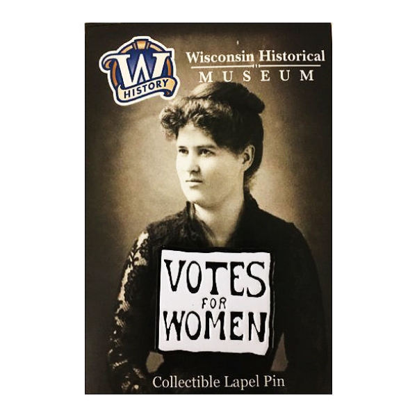 Square pin with a white background, a black outline, and black text reading "Votes for Women"