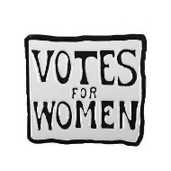 Square pin with a white background, a black outline, and black text reading "Votes for Women"