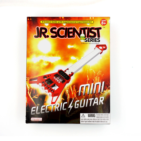 Mini Electric Guitar Kit- Shows red guitar with bright orange lights shining over crowd of people with their hands up.
