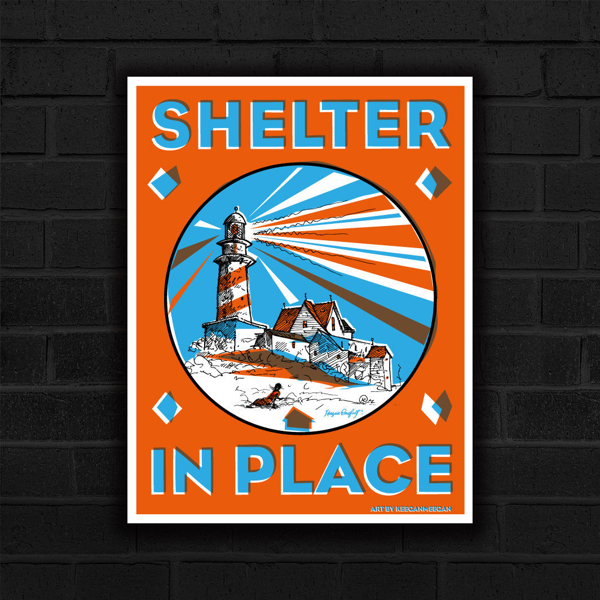 Keegen Onefoot Wenkman's Shelter in Place Poster, depicting a large lightouse and home in vibrant two town, loosely referencing Christina's World.