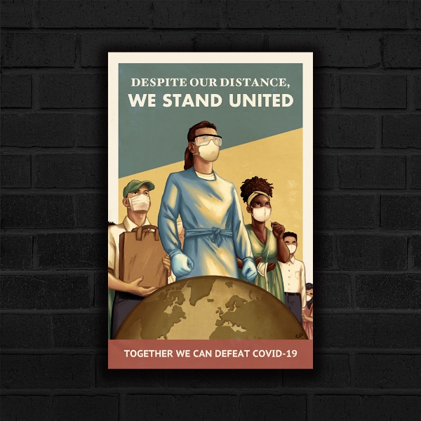 Cat Parra's We Stand United Poster, depicting a group of people wearing masks facing a threat. It is a diverse group adults, children, essential workers, etc