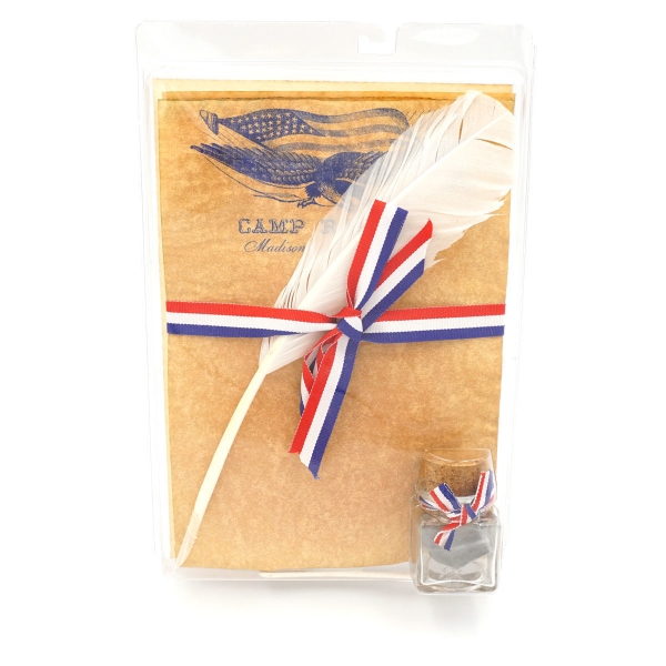 Camp Randall Parchment and Quill Set with red white and blue ribbon tied up on clear packaging