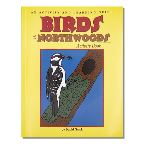 Birds of North Woods Activity Book in Yellow with colored graphic of bird eating worm.