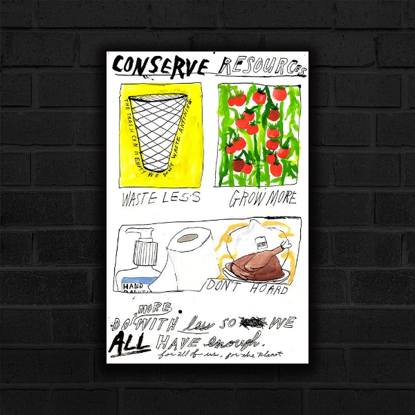 Conserving Resources Poster by Colin Matthes, Stark decisive black and white lines with pops of color to highlight important resources, like tomatoes, create the dramatic affect of this poster.