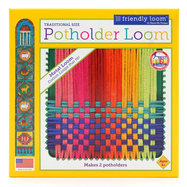 Potholder Loom Kit- Front of box shows rainbow colored cotton loops on the potholder loom.