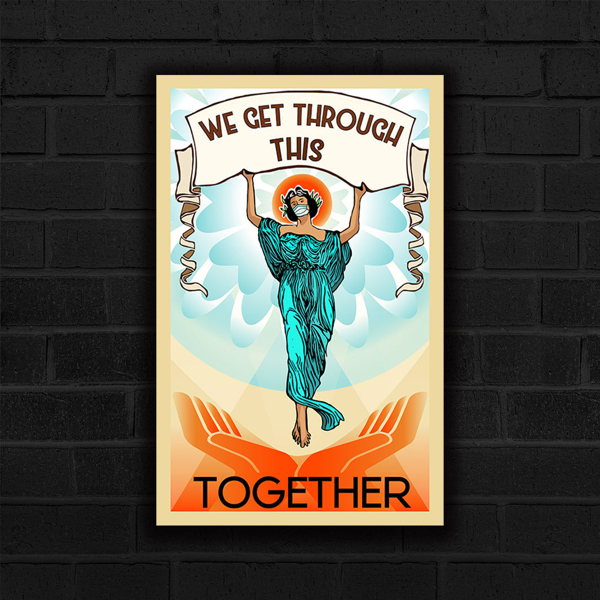 An interpretation of the Virgin of Guadalupe. She holds up a banner against a pale blue sky while hovering over two orange hands outstretched to support her.  We Get Through This Together: Torres-Mata