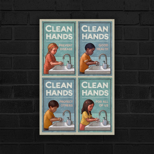 Four children of different ethnicities wash their hands at the same sink in a pale teal room. Clean Hands - Renée Graef