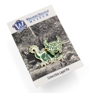 Lapel pin of a green hodag with gold outlining. The hodag has an oversized bobble head with horns and fangs, talons on his claws, and spikes on the back leading down to his tail.