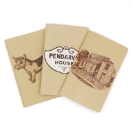 Pendarvis Notebook Bundle with three tan notebooks. Cow on front of left, then Pendarvis house logo and then image of house