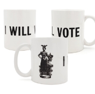 I Will Vote Mug seen from 3 angles allowing you to read, I WILL VOTE plus the black and white illustrated suffragist
