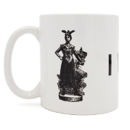 I Will Vote Mug, viewed from the side can see the black and white illustration of the suffragist on the standard cylindrical white mug