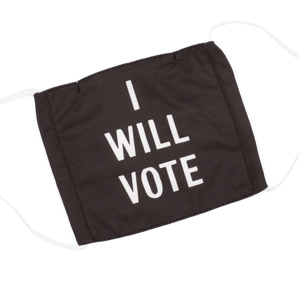 Black cloth mask with white ties. The mask text is white and reads "I will vote"