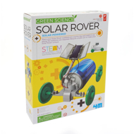 Solar Rover Kit- Front of box showing blue rover with green wheels and solar panel on top. In front of a yellow background.