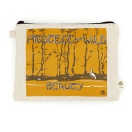 A tan colored hemp pouch with a large illustrated image of a white crane walking through a brown forest with an orange-brown background. In a vintage looking bubble font the text reads "Protect our Wild Beauty".