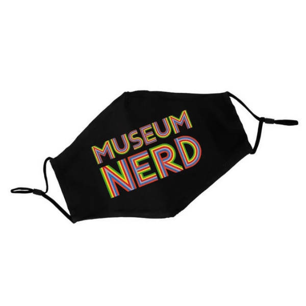 Black cloth mask with black ear straps. In colored lines making up the letters, the mask text reads "Museum Nerd"