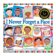 Never Forget a Face Memory Game front of box with many different faces of cards laid out.
