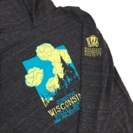 Dark gray hooded sweatshirt with flecked gray highlights. It has a main illustration of a blue sky, with billowing clouds and black pine trees with the text "Conserve Wisconsin's Rugged Beauty and Majestic Pines" underneath. There is a small Wisconsin Historical Society logo on the left sleeve.