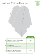 An illustration of the poncho and sizing chart: length from shoulder (neckline to hem on arm) - 25 inches, neckline (should to point of front "V") - 6 inches, length when worn (neckline to front hem point) - 40 inches.
