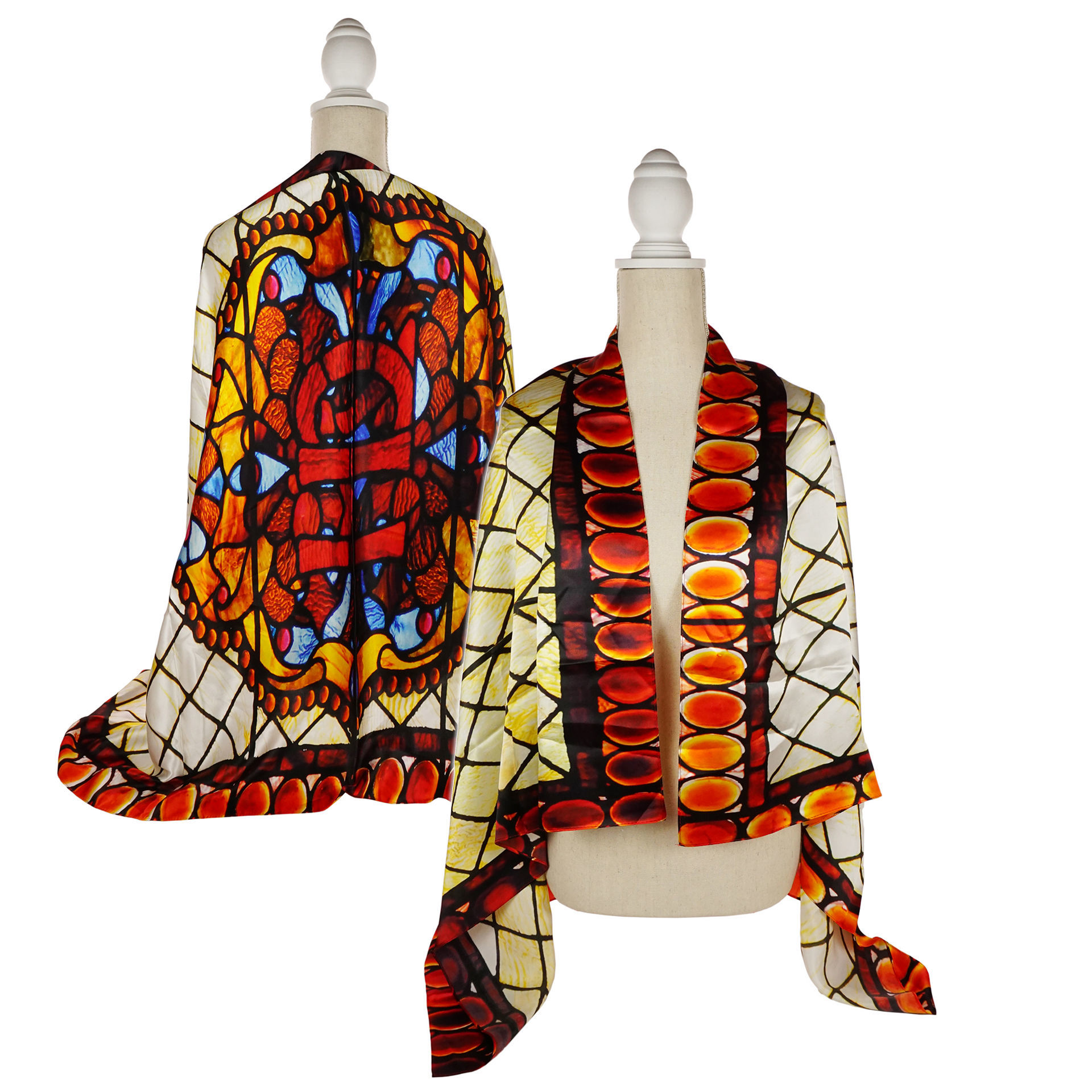 a mulitcolored scarf in the style of window stained glass is shown from the front and the back. The colors are red, orange, and a beigey yellow, with some blue in the center. It is very shiny.