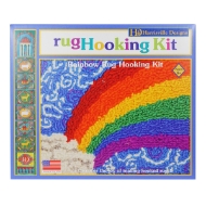 Rainbow Rug Hooking Kit- Front of box showing rug with rainbow in blue sky.