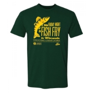 Front of the dark green crewcut  t-shirt. Illustrates a yellow musky on the left next to yellow text saying "If it's Friday night, it's fish fry  in Wisconsin". In smaller text underneath "Choice of potato, coleslaw, rye bread"