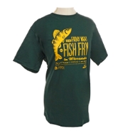 Front of the dark green crewcut t-shirt. Illustrates a yellow musky on the left next to yellow text saying "If it's Friday night, it's fish fry in Wisconsin". In smaller text underneath "Choice of potato, coleslaw, rye bread"