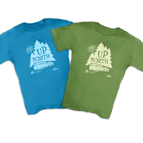 Front side of crewcut t-shirts in green and blue. Design in lighter color of evergreen trees and an RV with the words "Up North", "Wisconsin's Vacation Destination". Underneath the design is a small Wisconsin Historical Society logo