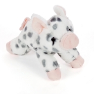 Spotted Piglet Stuffed Animal white with grey spots and pink nose and feet.