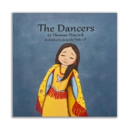 The Dancers book cover featuring drawing graphic of young girl dressed in yellow and red