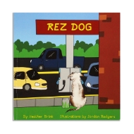 Rez Dog book cover featuring illustration of dog in front of road with traffic