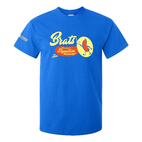 A blue t-shirt with a cartoon brat sausage in a yellow spotlight says "Brats", underneath "Wisconsin's signature sausage!"