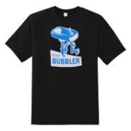 The frontside of a black crewcut t-shirt with a light blue illustration of a bubbler or drinking fountain with the text "It's a bubbler"