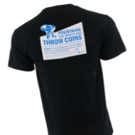 The backside of a black crewcut t-shirt with a white text box, inside in light blue text is: "Fountains are where you throw coins" followed by the dictionary definition of a bubbler and a small Wisconsin Historical Society logo.