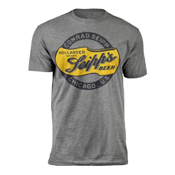 Frontside of a grey crewcut t-shirt showing the Seipp's Beer logo.  A black ribbon in a circle says "Conrad Seipp, Chicago, U.S." and inside the circle is a yellow clog with the cursive text "Seipp's Beer, Hollander Brand"