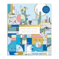 Frank Lloyd Wright City by the Sea Puzzle with geometric design of various shades of blue and gold.