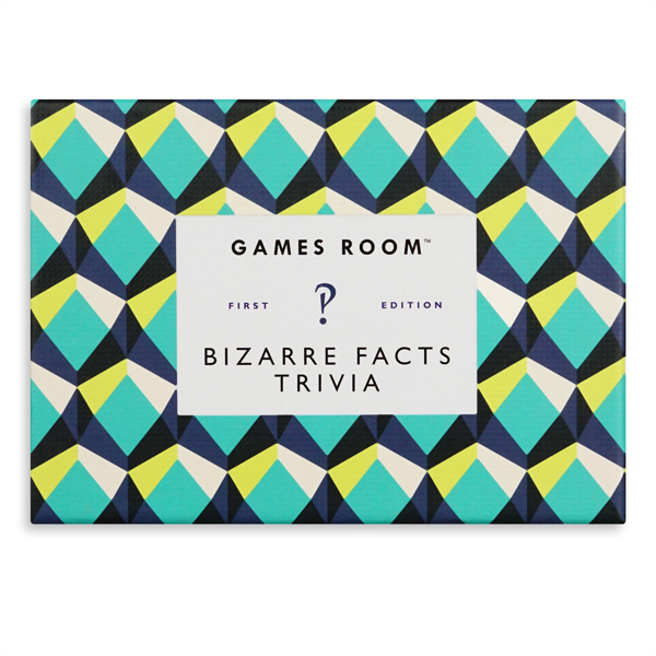 Bizarre Facts Trivia Game front with blue, gree, and white geometric pattern.