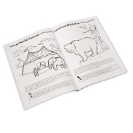 Inside page sample of the Wisconsin Activity Book showing a line drawings of a circus tent and black bear.