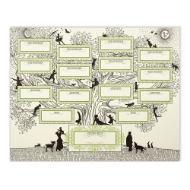 Stylized family tree print on paper with spaces for names on the tree branches.