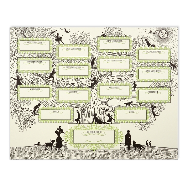 Stylized family tree print on paper with spaces for names on the tree branches.