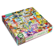 Gems and Fish 1000 Piece Puzzle side view of box. Vibrantly colored fish and sea creatures swimming on ocean floor.