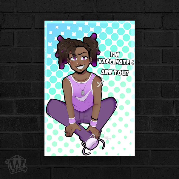 Illustration of smiling girl wearing purple. Text reads "I'm vaccinated. Are you?" Cyan background.